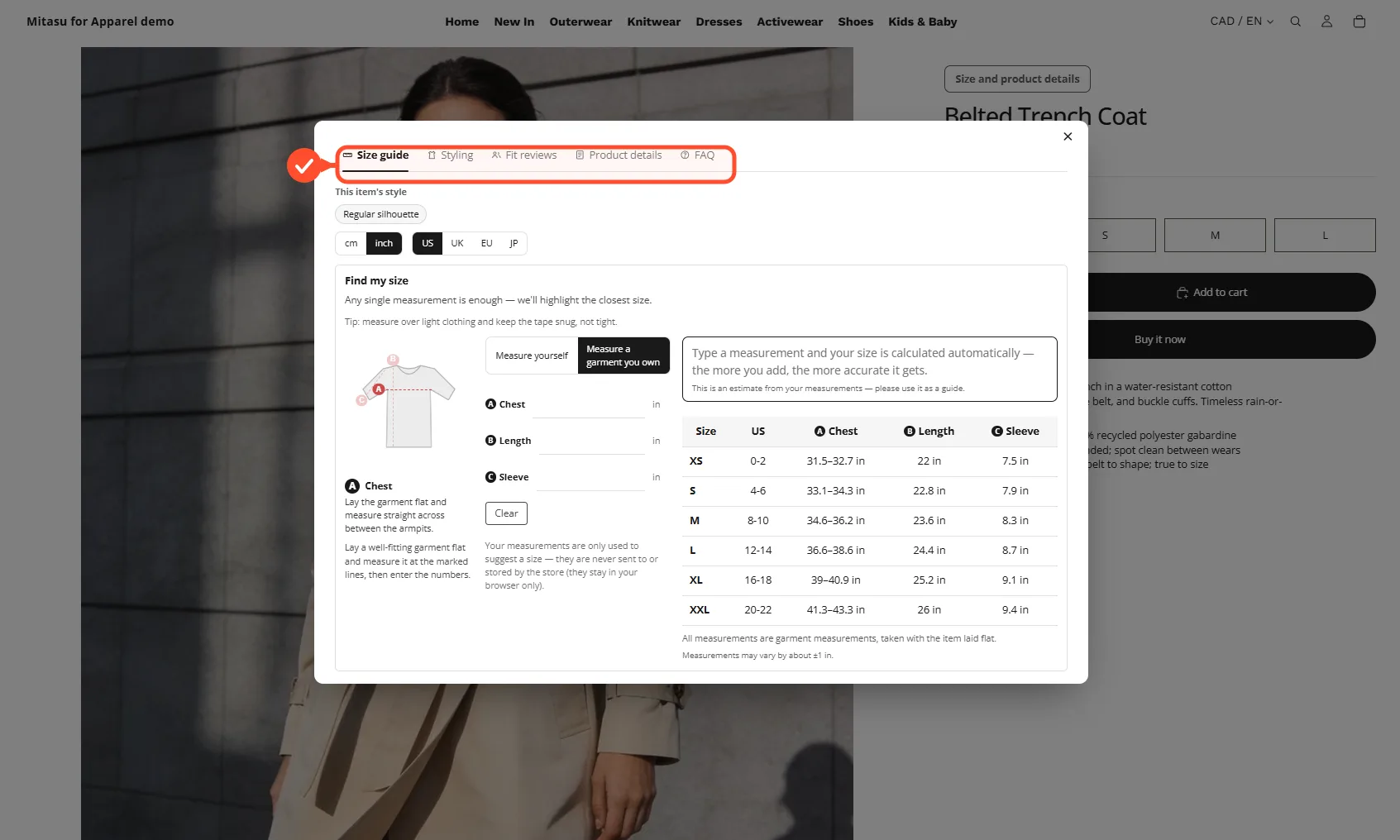 The size chart and measurement figure on the product page