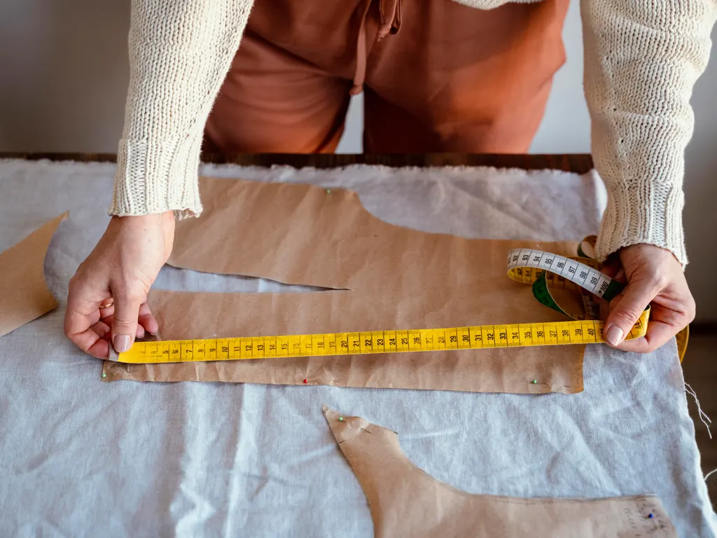 A tailor measuring a garment pattern with a tape measure (illustrative photo)