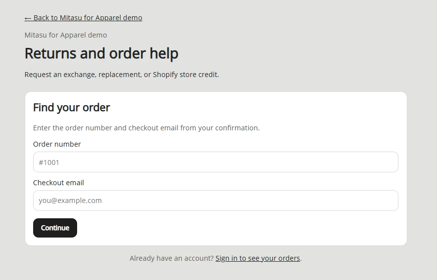 「Returns and order help」と題された返品ポータルの画面。注文番号とメールアドレスを入力する2つの欄と Continue ボタンが並ぶ