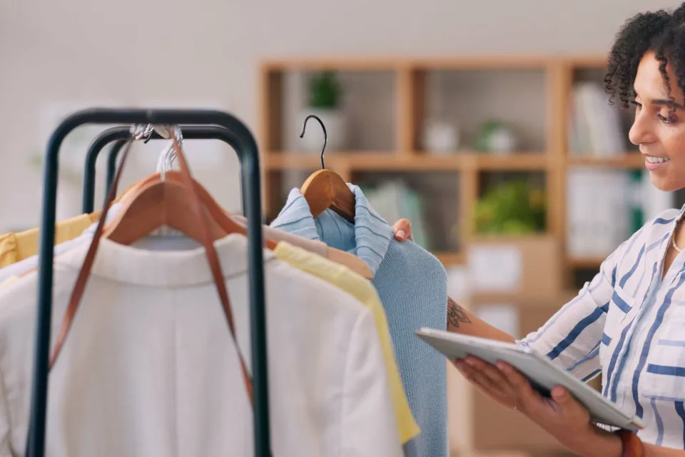 Owner managing product info on a tablet while arranging garments on a rack (illustrative photo)