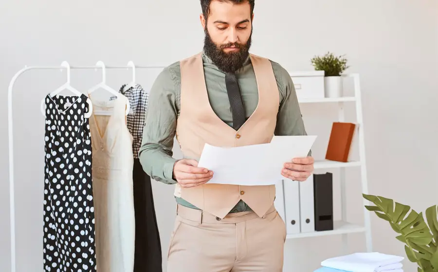 A designer at an atelier desk working through paperwork (illustrative photo)