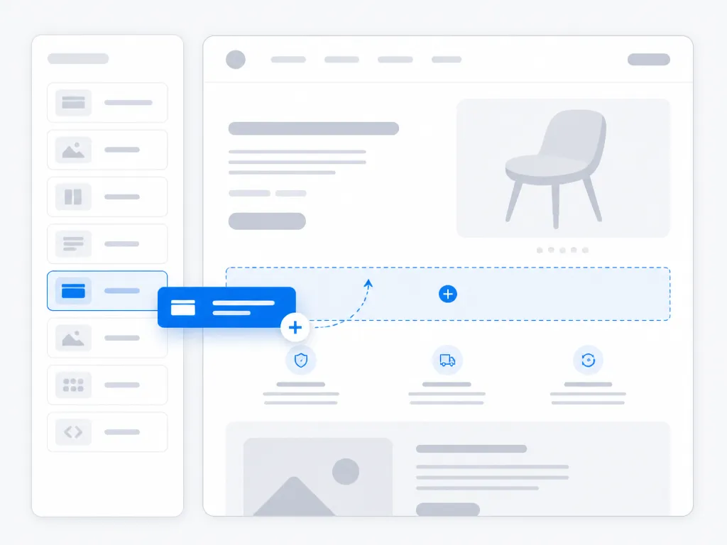 Illustration of placing the block on a product page in the theme editor