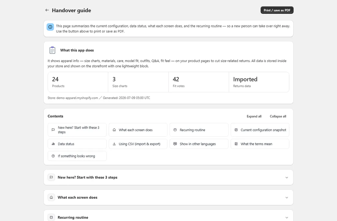 Actual Handover guide screen — configuration, data status, what each screen does and the daily routine on one printable page (English UI)
