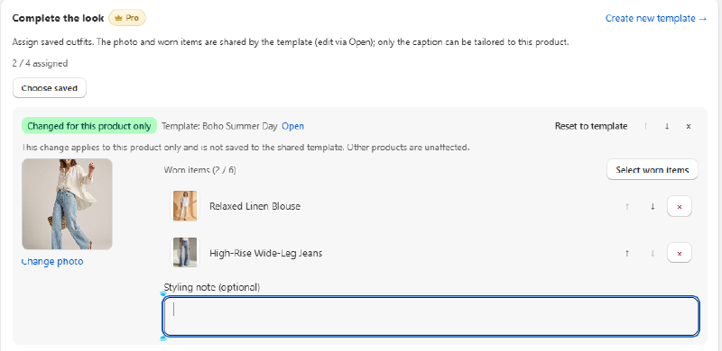Actual per-product override admin screen — the 'Changed for this product only' badge with a reset-to-template button (English UI)